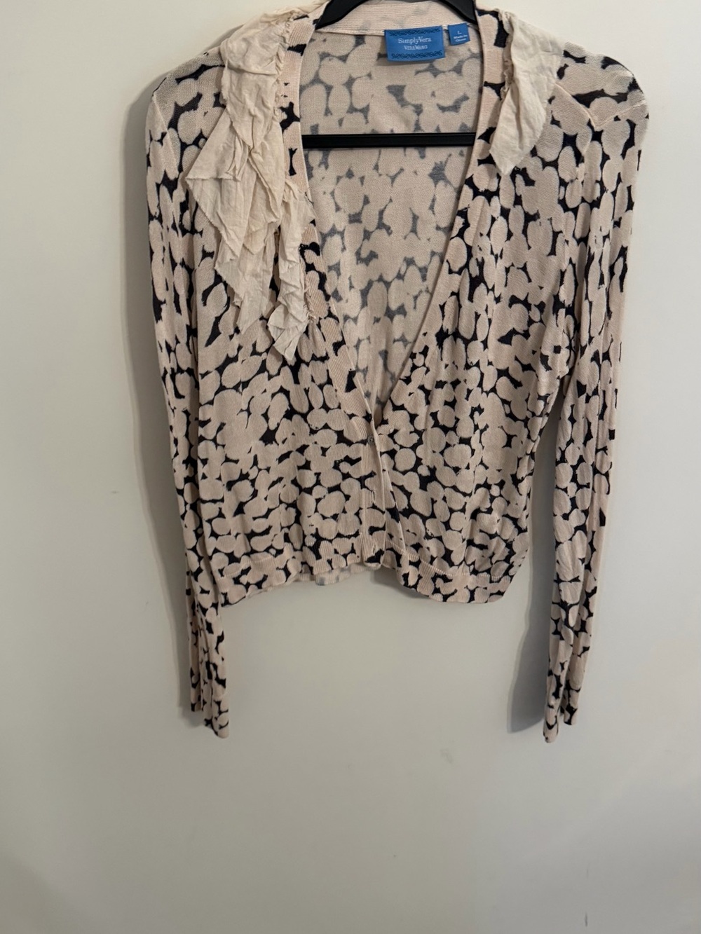 Vera Wang Beige and Black Patterned Ruffle Cardigan